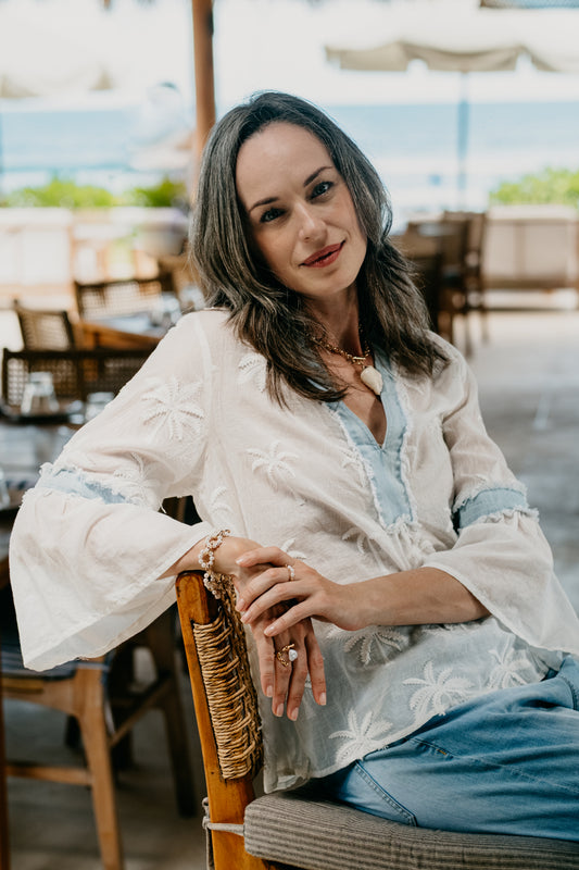 White Palm Embroidered Denim-Trim Blouse