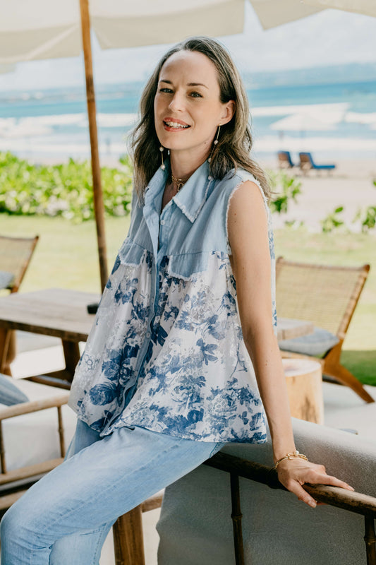 Light Blue Floral Lace Denim-Panel Sleeveless Shirt
