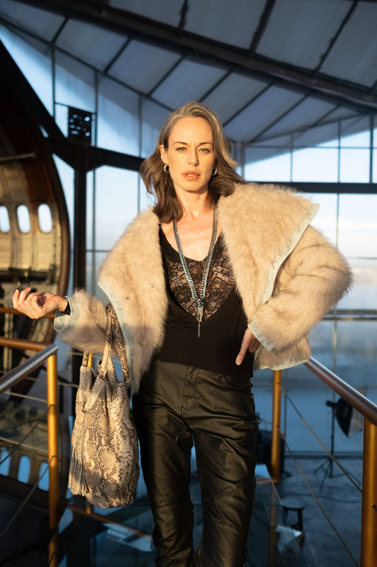 Beige Faux-Fur Coat with Denim Trim