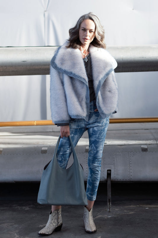 Ice Blue Gradient Faux-Fur Coat with Denim Trim
