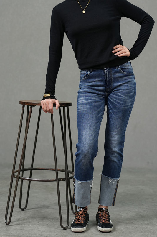Blue Mid-Stretch Slim Cigarette Jeans with Fixed Cuffed Hem