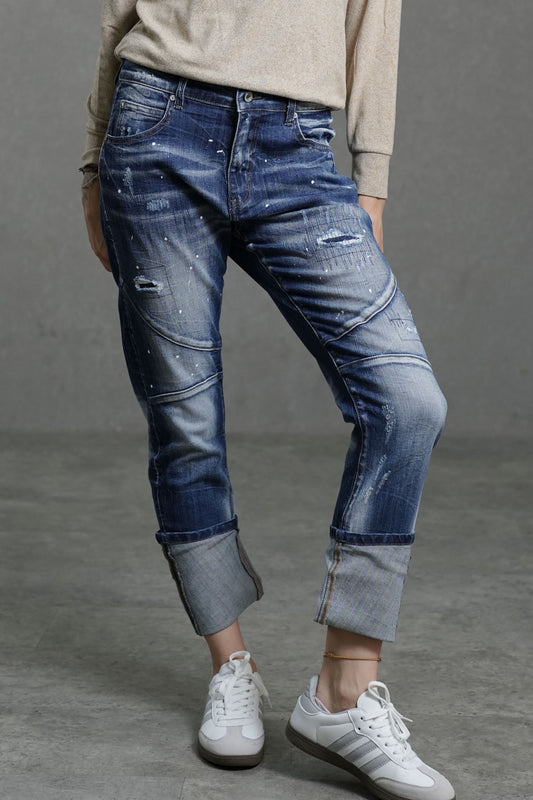 Blue Distressed High-Stretch Slim Tapered Fit Jeans