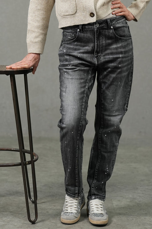 Black Mid-Stretch Slim Fit Jeans with White Lacquer Print