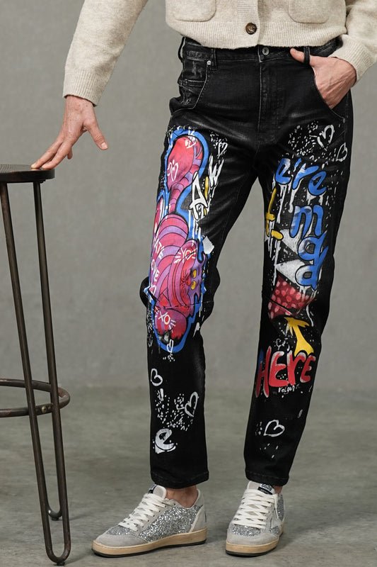Black Mid-Stretch Slim Fit Jeans with Digital Graffiti Print