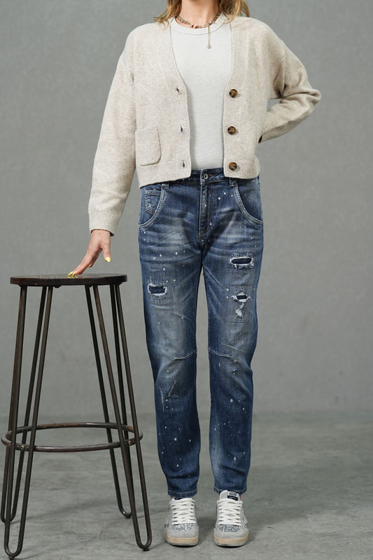 Blue Low-Stretch Slim Fit Jeans with Distressed & Paint-Splatter Details