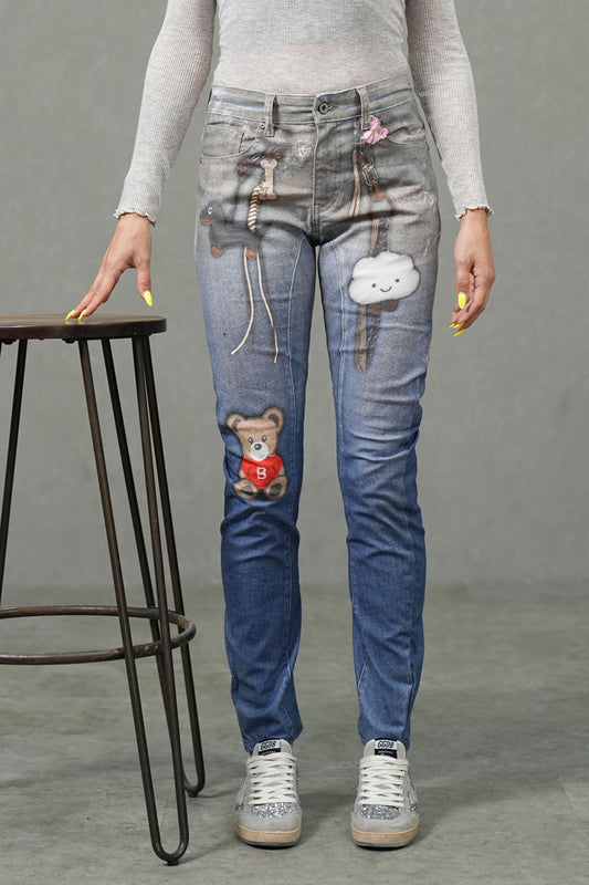 Vintage Blue Low-Stretch Slim Fit Jeans with Digital Print & Toy Accessories