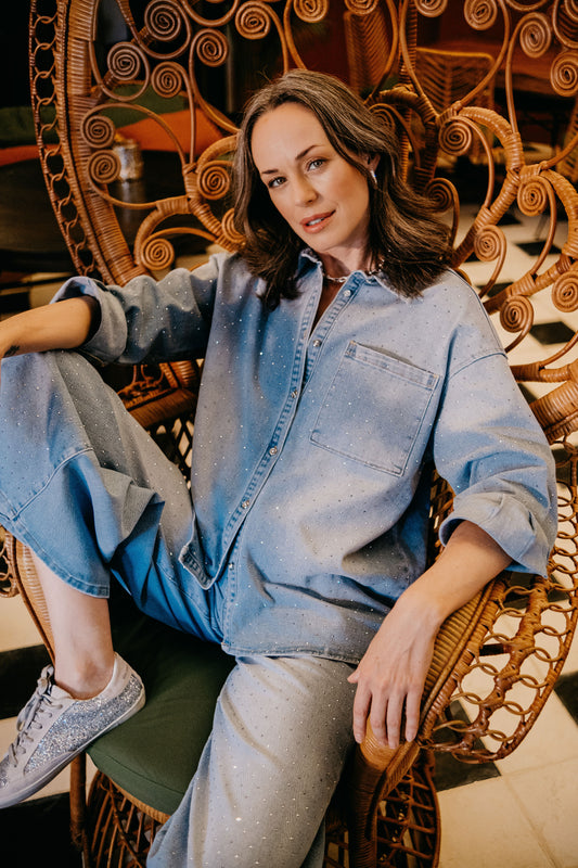 Light Blue Wash Rhinestone Denim Shirt