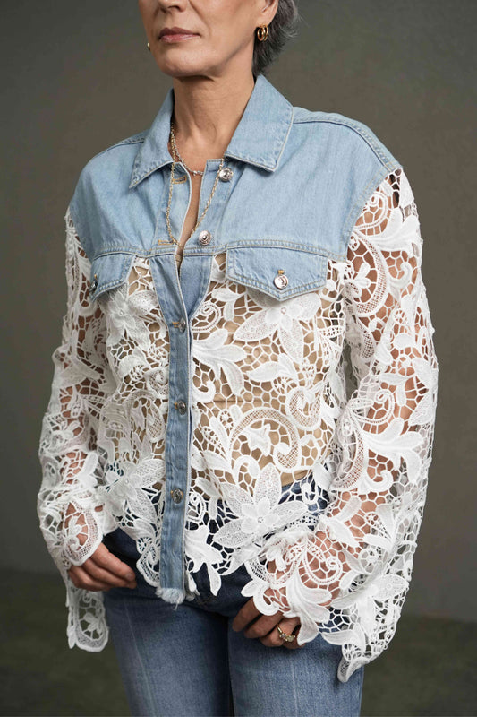 White Lace Denim-Paneled Jacket
