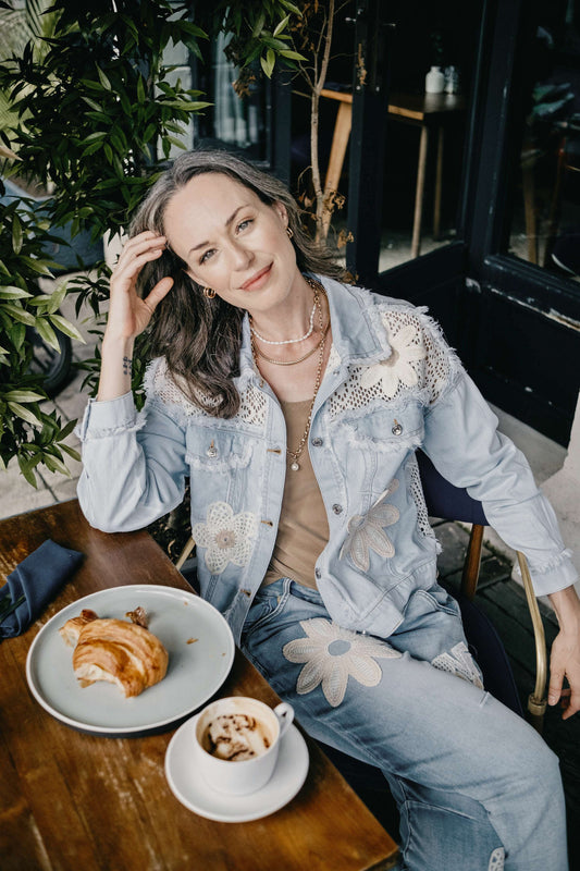 Light Blue Crochet-Paneled Trucker Jacket