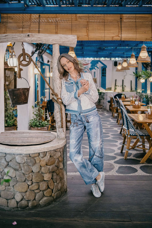 Mid Blue Wash Printed Chain Wide-Leg Jeans