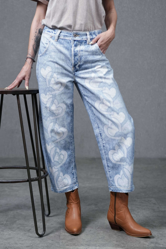 Light Blue Wash Heart-Print Straight-Leg Jeans SW2045