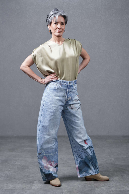 Light Blue Wash Floral Print Wide-Leg Jeans