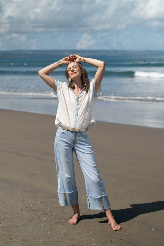 Light Blue Wash Cuffed Wide Leg Jeans