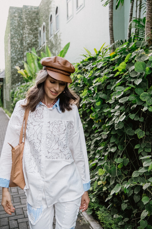 White Rose Jacquard Denim-Collar Shirt