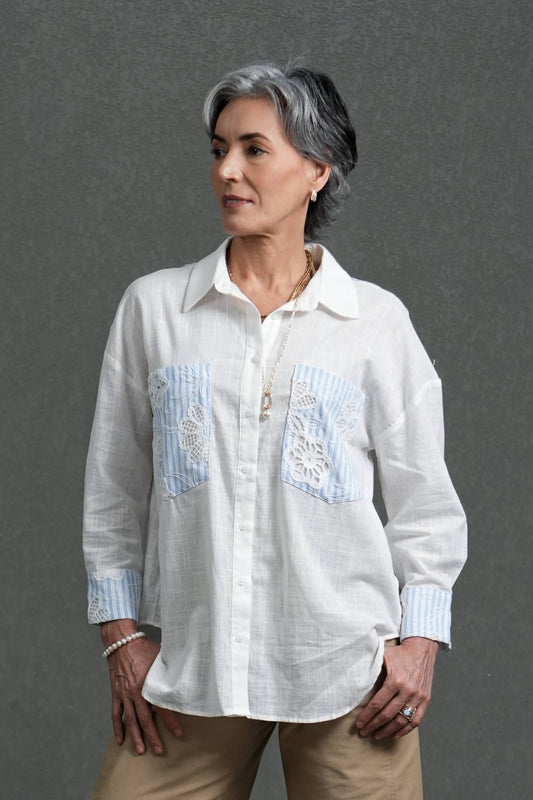 White Cotton Shirt with Blue Stripe Openwork Yoke