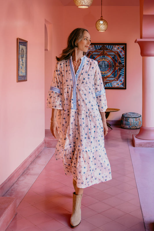 Blue Floral Embroidered Maxi Dress