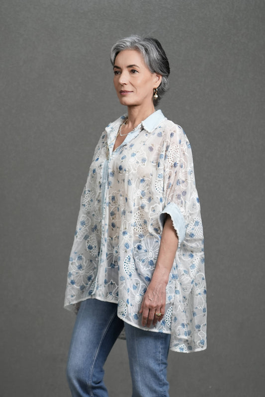 Blue Floral Openwork Oversized Short-Sleeve Shirt