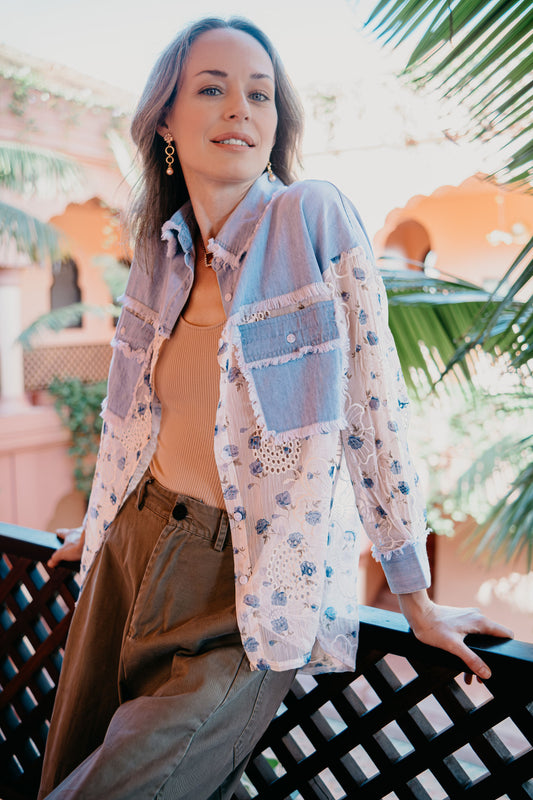 Blue Floral Openwork Denim-Paneled Shirt