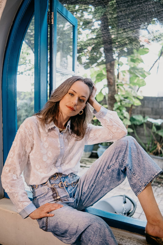 White Rhinestone Embroidered Shirt with Denim Trim