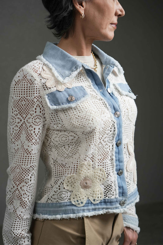 Light Blue Crochet-Panel Denim Trucker Jacket