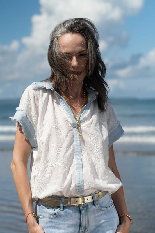 White Embroidered Denim-Trim Short Sleeve Shirt